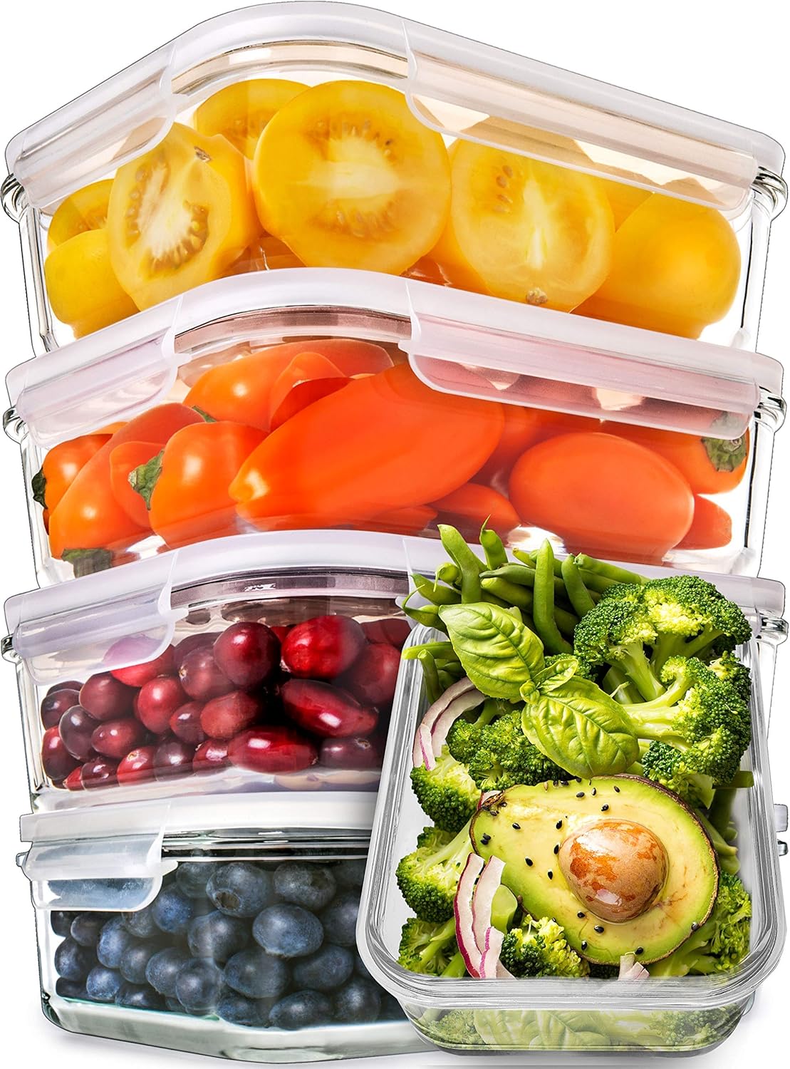 PrepNaturals Glass Meal Prep Containers - 30 Oz, 5 Pack | Dishwasher & Microwave Safe with Lids