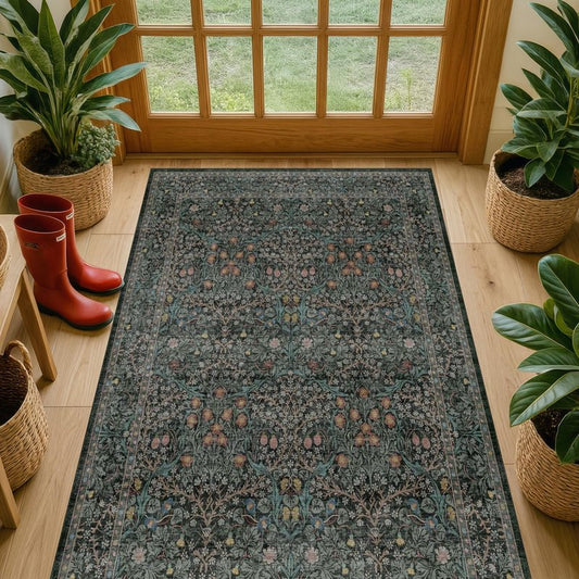 Vintage Floral Dark Green 3x5 Area Rugs for Entryway, Kitchen, Bedroom Beside Rug, Laundry Room, Non-Slip Low Pile Ultra Soft Stain Resistant Small Carpet