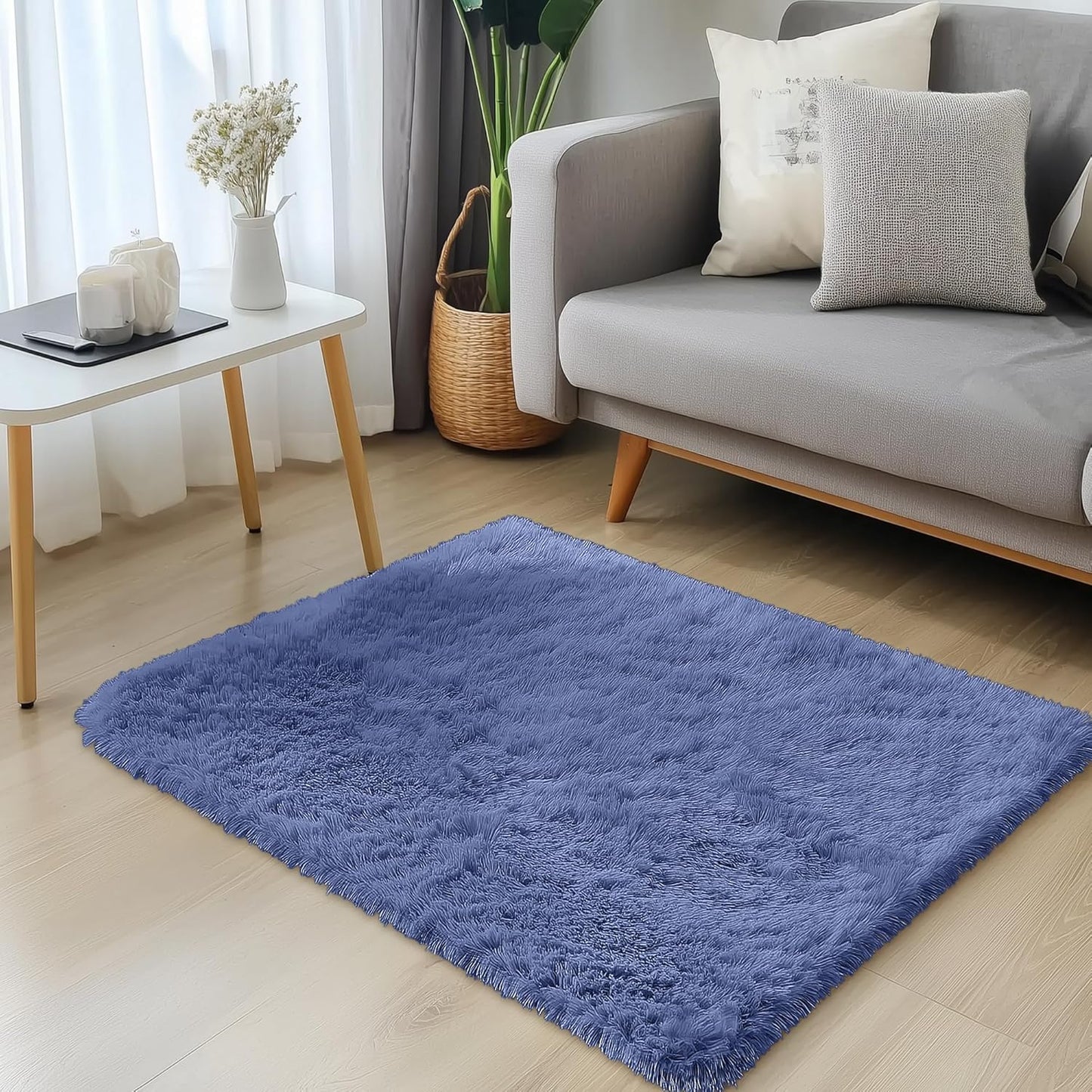 OLANLY Small Bedside Rug - Soft, Machine Washable Shaggy Throw Rug for Bedroom | Denim Blue