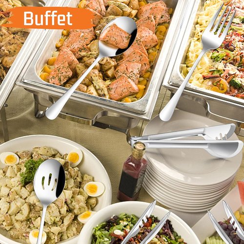 E-far Large Serving Utensils Set - 8-Piece Stainless Steel Serving Spoons, Fork & Tongs | Dishwasher Safe