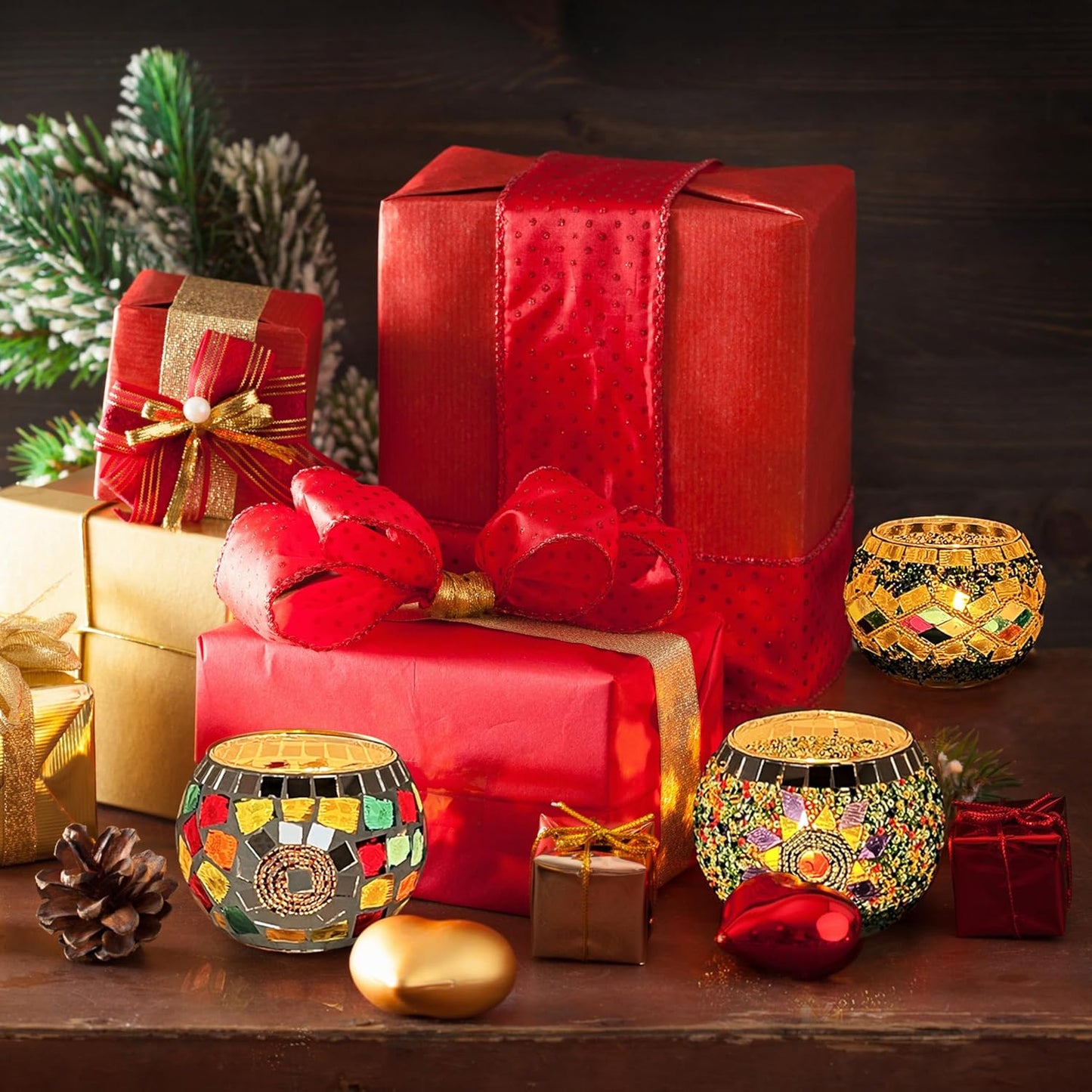 SHMILMH Glass Candle Holder Set - Handmade Mosaic Tealight Holders for Diwali & Christmas | 4-Pack