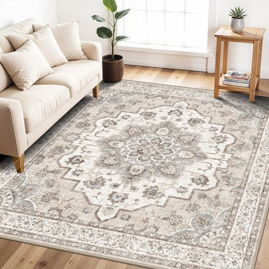 Washable 5 x 5 Square Area Rug: Water Resistant Durable Rugs Low Pile Soft Kitchen Carpet with Non-Slip Backing Indoor Oriental Non-Shedding Floor Carpets for Bedroom Entryway Home Decor (5x5,Beige)