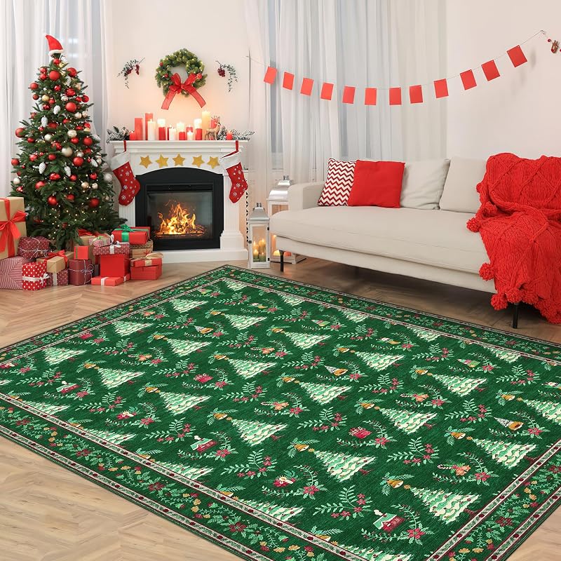 Green Christmas Tree & Floral Rug 8x10, Low-Pile Non-Slip Indoor Accent Rug