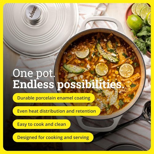Lodge Essential Enamel Cast Iron Dutch Oven - 6 Quart Moisture-Sealing Lid & Dual Handles - Oyster White