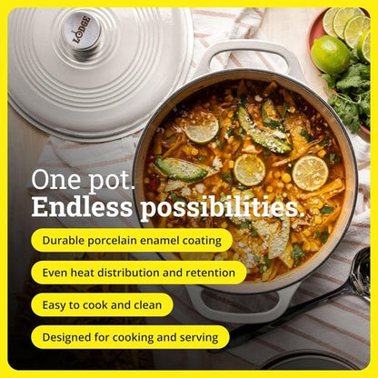 Lodge Essential Enamel Cast Iron Dutch Oven - 6 Quart Moisture-Sealing Lid & Dual Handles - Oyster White