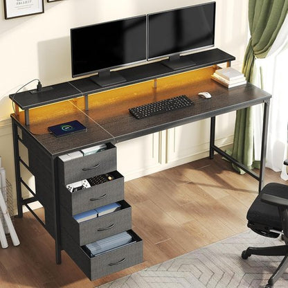 DUMOS 40-Inch Computer Desk - 4 Drawers with Power Outlets & LED Lights | Compact Office Desk in Black