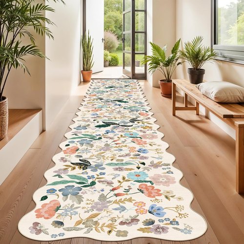Hallway Floral Runner Rug by [Brand Name] - Washable, Non-Slip, Stain-Resistant Carpet | 2'6"x14", Cream