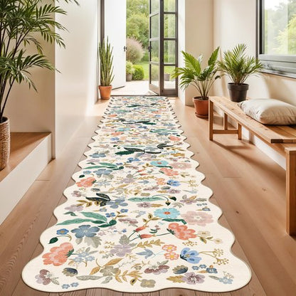 Hallway Floral 2'6x14 Runner Rugs: Washable Scalloped Soft Carpet with Non-Slip Backing for Entryway Kitchen Stain-Resistant Bedroom Floor Mat – Gifts for Newlyweds/Household Home Dcor (2'6x14,Cream)
