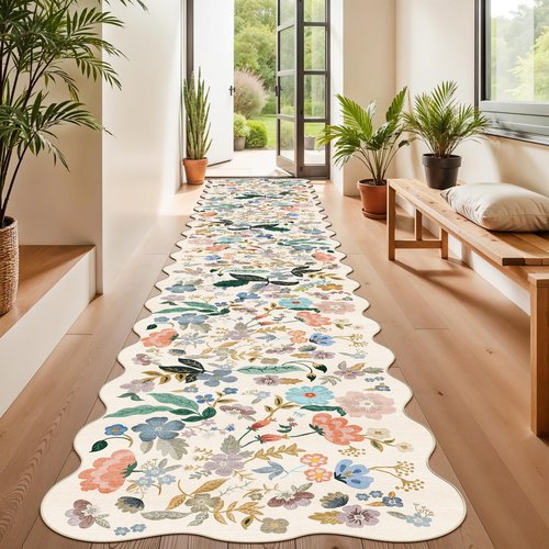 Hallway Floral 2'6x14 Runner Rugs: Washable Scalloped Soft Carpet with Non-Slip Backing for Entryway Kitchen Stain-Resistant Bedroom Floor Mat – Gifts for Newlyweds/Household Home Dcor (2'6x14,Cream)