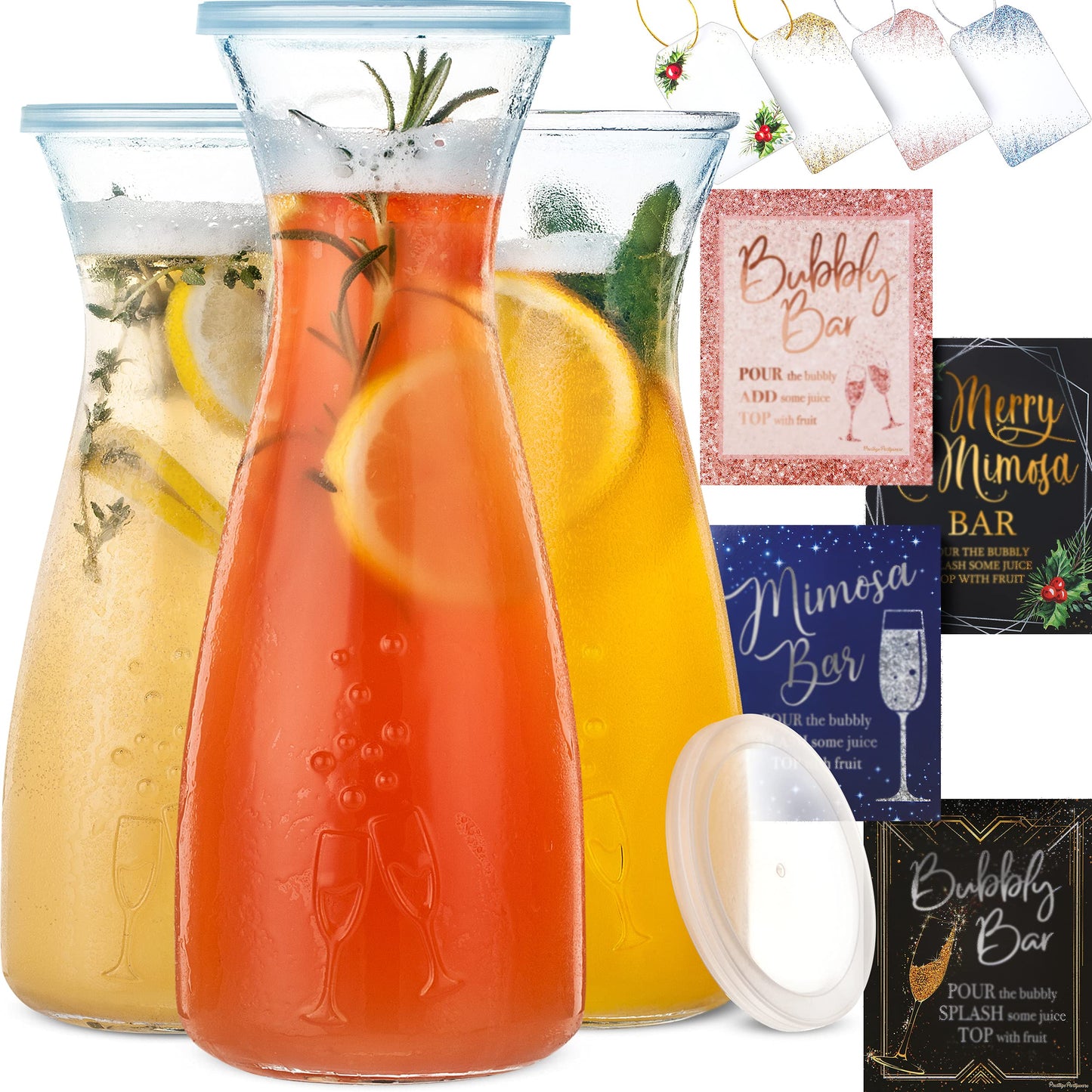 Prestige Mimosa Bar Kit - Glass Carafe (27oz) & Brunch Decor, Pitcher w/Plastic Lid, Bubbly Juice Carafes for Mimosa Bar Supplies, Baby Bridal Shower (Set of 3)