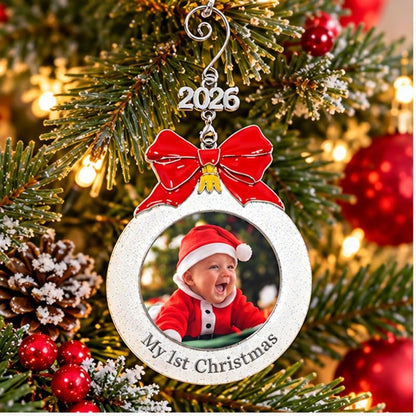 Baby’s First Christmas Photo Ornament Set of 3 - 3 Inch White Glitter Bulb, Red Bow & 2026 Charm (Variation: 3 Pack)