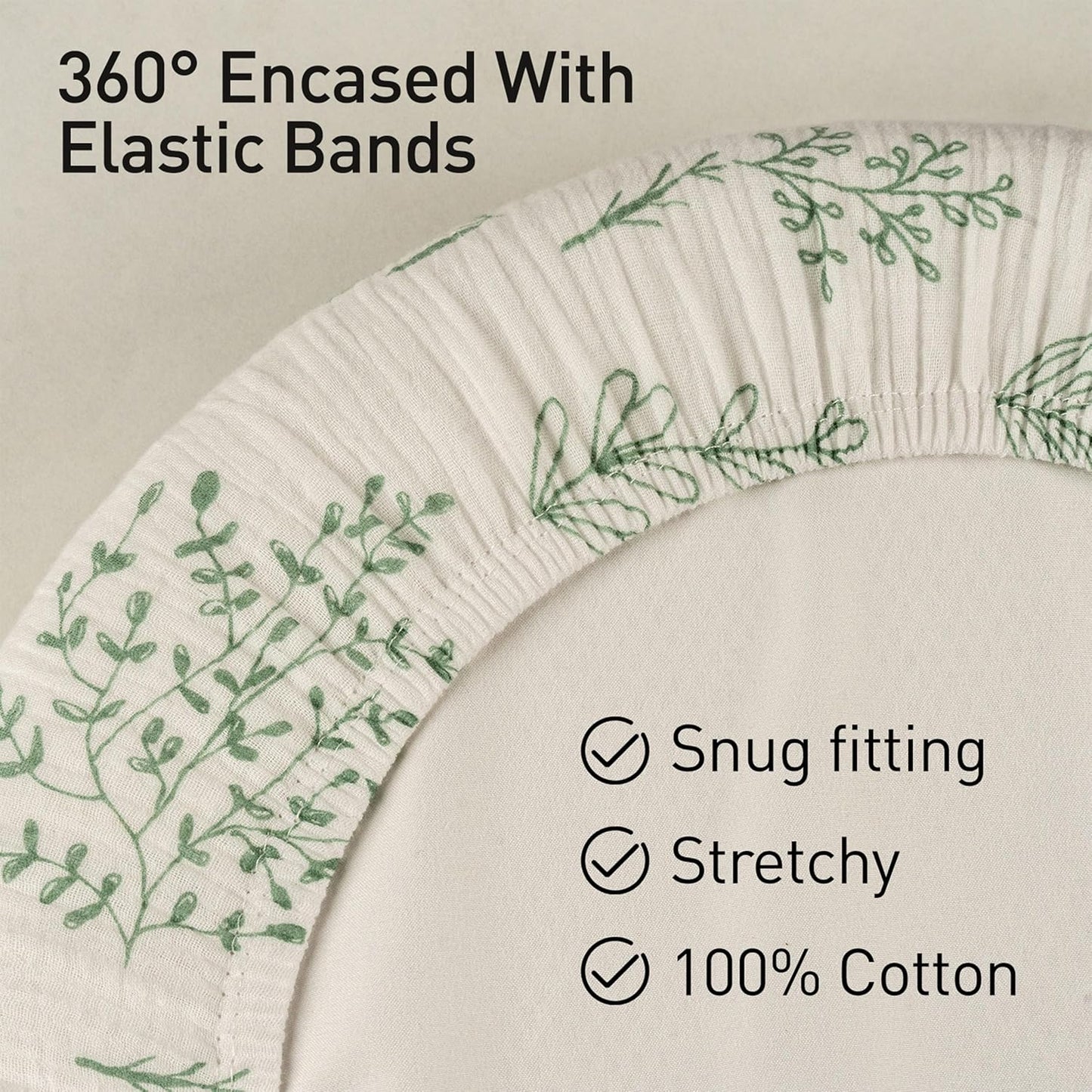 Skiennix Muslin Bassinet Fitted Sheets - Soft, Breathable Cotton | 2-Pack with 360° Snug Fit, Universal Design (Bright Leaves)