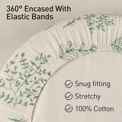 Skiennix Muslin Bassinet Fitted Sheets - Soft, Breathable Cotton | 2-Pack with 360° Snug Fit, Universal Design (Bright Leaves)