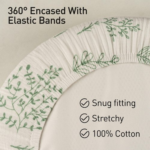 Muslin Bassinet Fitted Sheets 2 Pack, Soft Breathable Cotton Baby Bassinet Mattress Sheet Set, 360° Elastic Snug Fit, Universal for Oval, Rectangle & Hourglass Cradle, Baby Bedding (Bright Leaves)