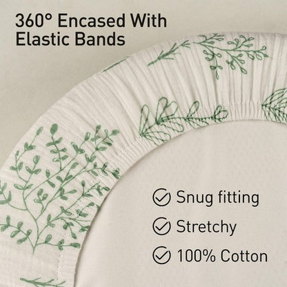 Muslin Bassinet Fitted Sheets 2 Pack, Soft Breathable Cotton Baby Bassinet Mattress Sheet Set, 360° Elastic Snug Fit, Universal for Oval, Rectangle & Hourglass Cradle, Baby Bedding (Bright Leaves)