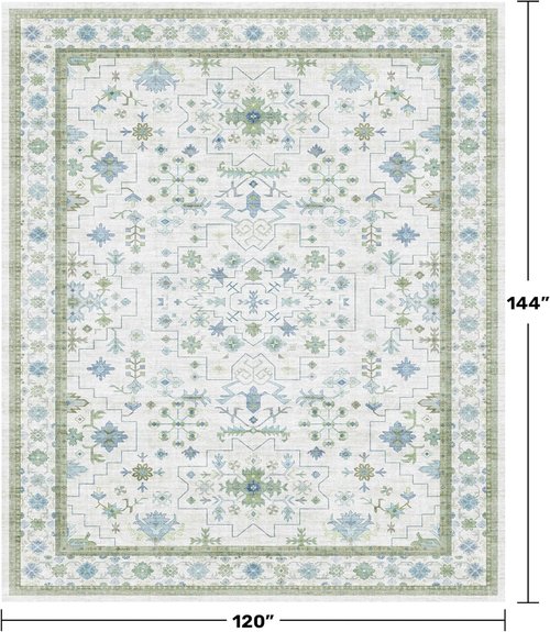 Hazo Haus Washable Area Rugs - Extra Large 10x12 Cream Blue Green Floral Geometric Design