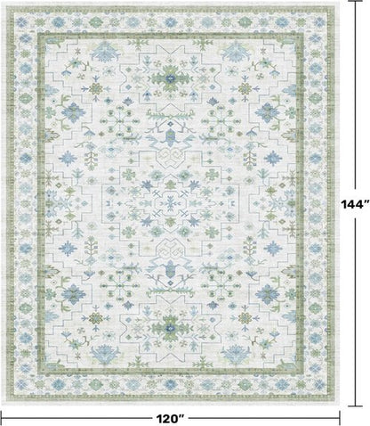 Hazo Haus Washable Area Rugs - Extra Large 10x12 Cream Blue Green Floral Geometric Design