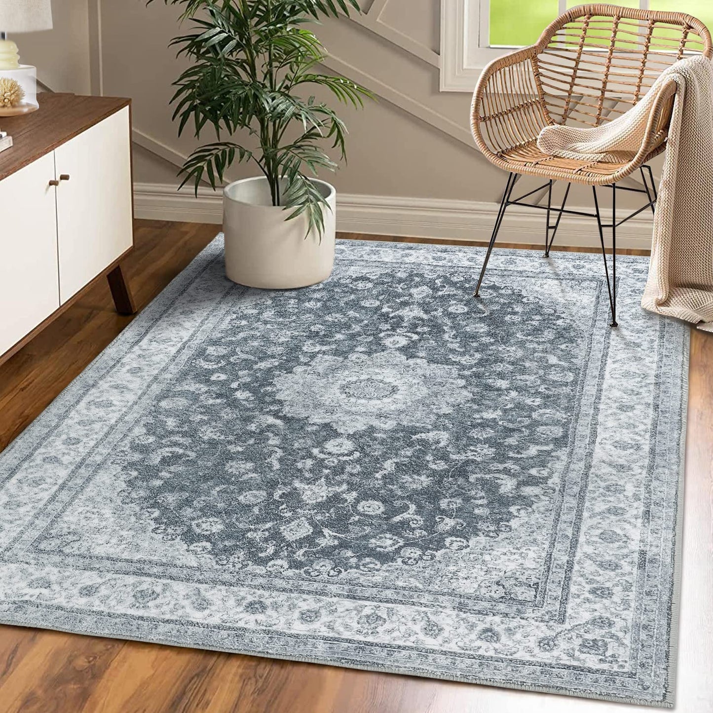 CAROMIO Area Rug Stain & Water Low-Pile Non-Slip Vintage Area Rug Machine Washable Large Carpet for Living Room Bedroom Kitchen, 9' x 12' Dark Grey