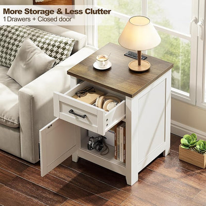 End Table Set of 2 with Built-In Charging Station, White