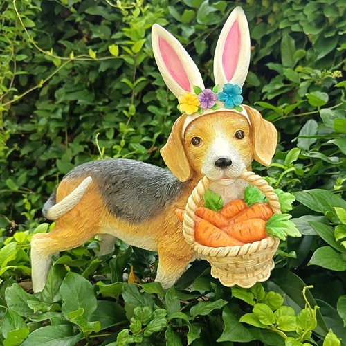 Cynkeyee Dog Garden Statue - Adorable Beagle Puppy with Bunny Ears & Carrot Basket | 11.5" x 4" x 10.5" Indoor/Outdoor Decor