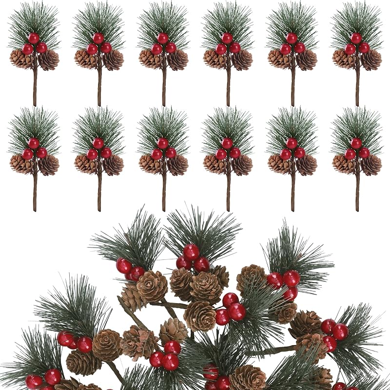 20 Pcs Christmas Fake Pine Branches with Red Berries, Pine Cones & Conifer Picks - Sggvecsy Variation: 20