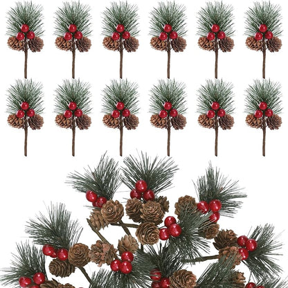 20 Pcs Christmas Fake Pine Branches with Red Berries, Pine Cones & Conifer Picks - Sggvecsy Variation: 20