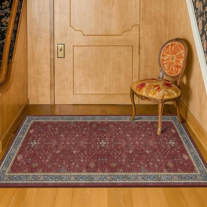 Hazo Haus Burgundy Washable Entry Rug - Non-Slip Low Pile | Modern Floral Design for Kitchen & Entryway
