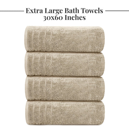 Tens Towels Pack of 4 Extra Large Bath Towels 30 x 60 Inches, 100% Cotton, Larger & Lighter Weight, Quicker to Dry, Super Soft and Absorbent, Perfect for Bathroom, Beige