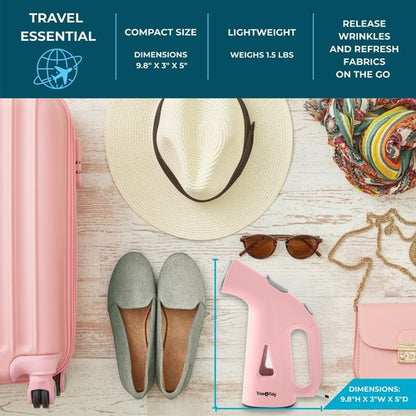 True & Tidy® Handheld Garment Steamer for Clothes with Water Cup Accessory, Portable Travel Steam Iron, Stainless Steel Plate up to 10 mins of Continuous Steam, 800 Watts, Pink