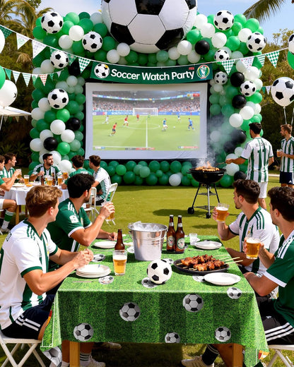 Pureegg Soccer Tablecloths - Disposable Plastic Covers for Soccer Birthday Parties | 54 x 108 Inch, 10 Pack, Green & White