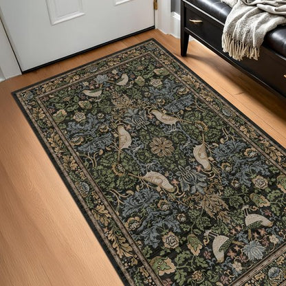Large Entryway Rugs Indoor - 3x5 Washable Rugs for Kitchen Bedroom Beside Bed Door Mat Indoor Entrance with Moody Woodland Flowers, Non Slip Stain Resistant Low Pile