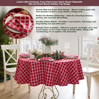 70" Round Christmas Tablecloth with Little Christmas Trees, Cotton Plaid – Lintex