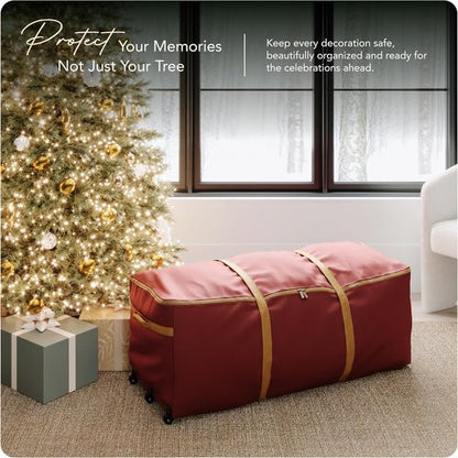 Covermates Keepsakes Christmas Tree Storage Bag - Heavy-Duty Rolling Design with Wheels & Reinforced Handles - Durable Red Polyester Solution