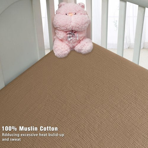 GUNTAIL Muslin Crib Sheets for Boys Girls 100% Cotton Fitted Baby Crib Sheet 2 Pack Soft and Breathable for Standard Crib Mattress & Toddler Mattress 52x28in (Beige & Coffee)