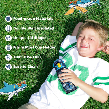 OLDLEY Kids Water Bottle - 12oz Insulated Stainless Steel, Leak-Proof Design | Navy Shark