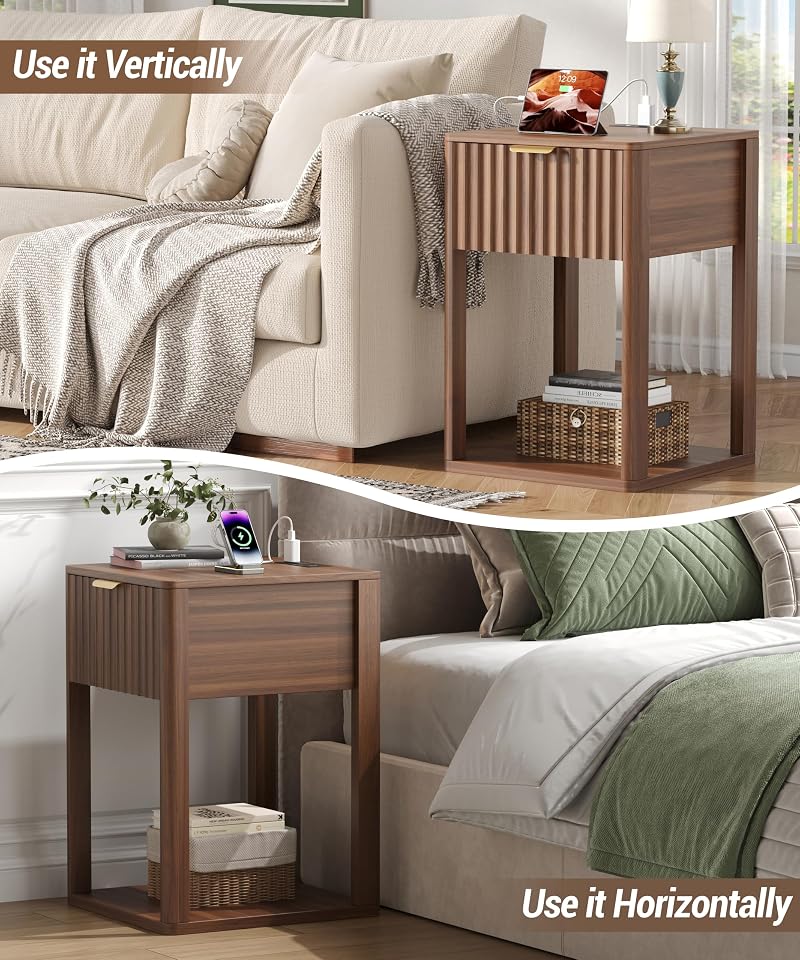 Nightstand Set 2 with Charging Station - Walnut Fluted Bedside Tables