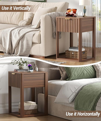 Nightstand Set 2 with Charging Station - Walnut Fluted Bedside Tables
