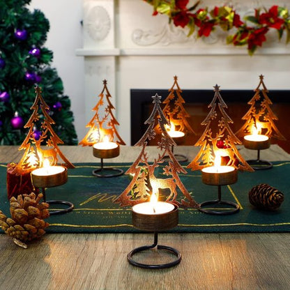 Juegoal Tea Light Candle Holders Set - Rust-Proof Metal Tree & Reindeer Decor | Holiday Centerpiece for Mantel