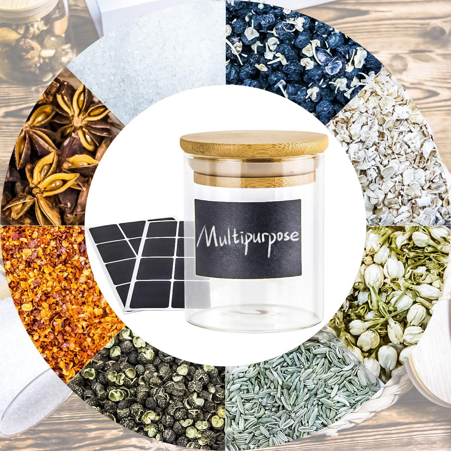 UMI UMIZILI 16 Pack Glass Jars with Lids, Bamboo Lids Spice Jars Set For Spice, Beans, Candy, Nuts, Herbs, Dry Food Canisters for Kitchen Storage (Extra Chalkboard Labels) - 6.5 oz Clear