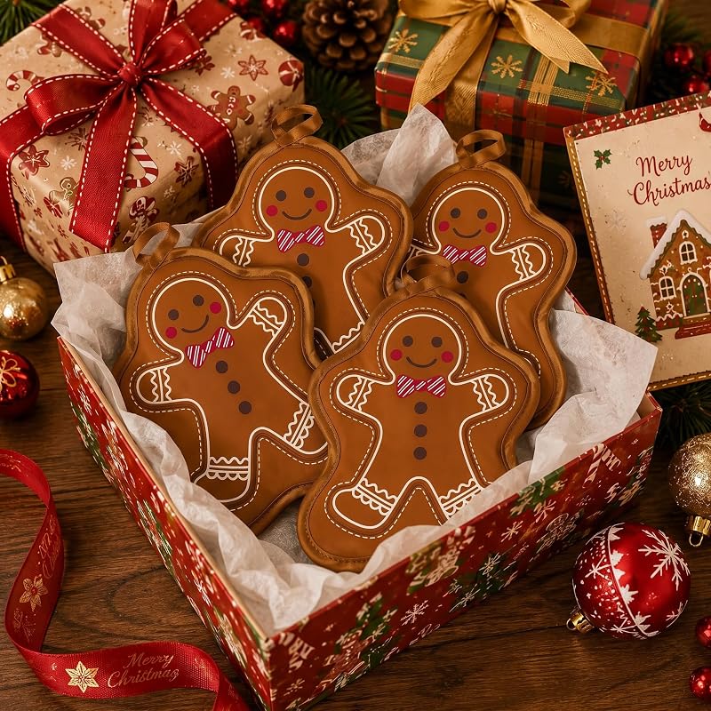 Willbond 12 Pcs Gingerbread Man Christmas Pot Holders, Red & Brown