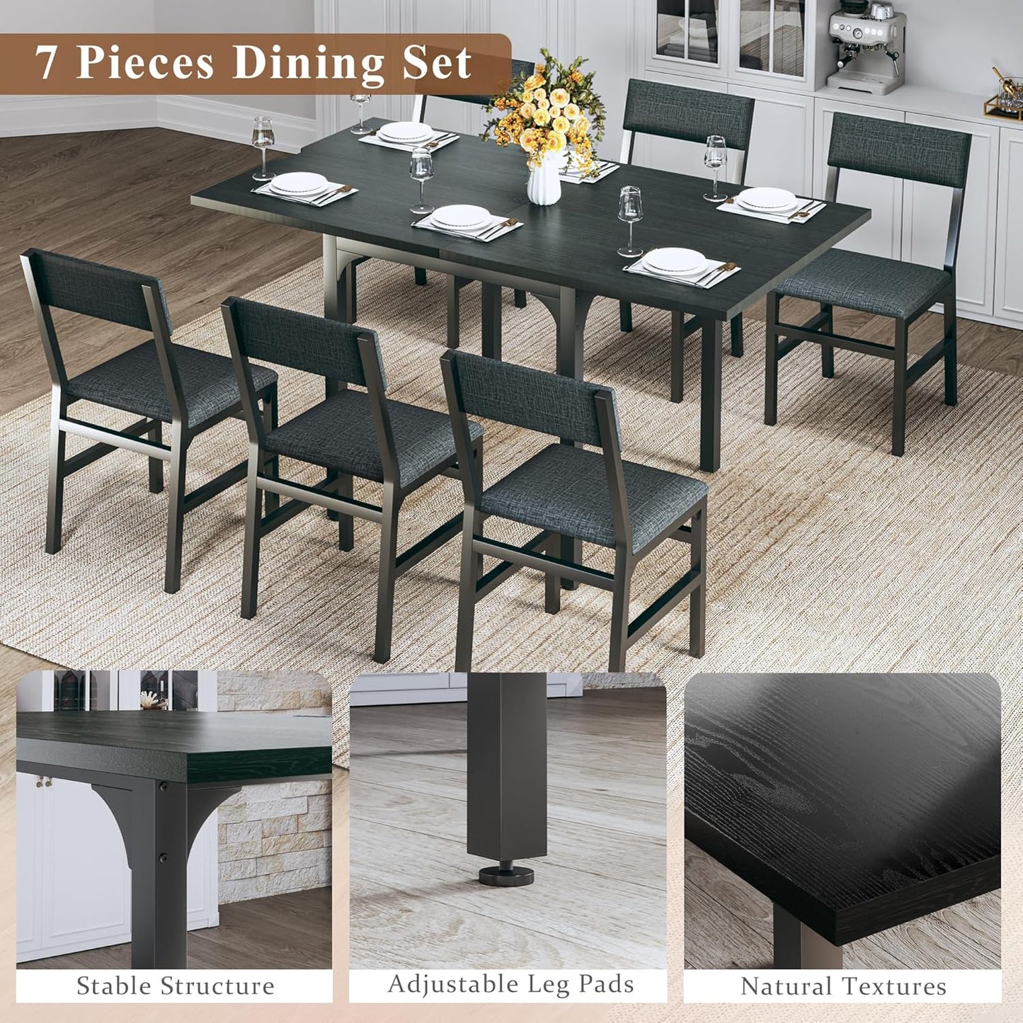 Skiennix 7-Piece Dining Table Set - Extendable Rectangle Table with 6 Cushioned Chairs - Black