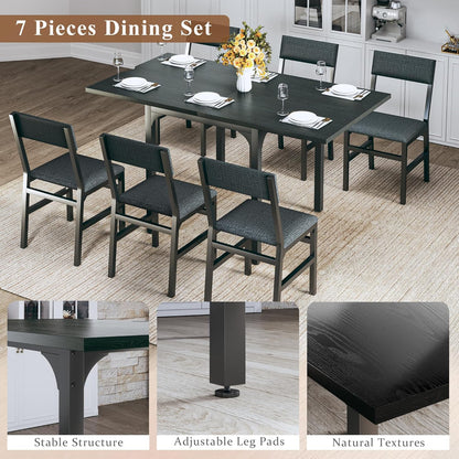 Skiennix 7-Piece Dining Table Set - Extendable Rectangle Table with 6 Cushioned Chairs - Black
