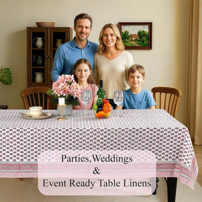 CPG Tablecloth - 100% Cotton Square Table Cover | 60x60 Inch Indian Block Print - Pink Sapphire