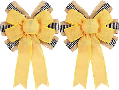 Skiennix Decorative Bow Set - 2 PCS Yellow Burlap & Black White Stripe for Holiday Wreaths | Outdoor Decor