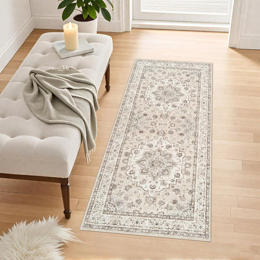 Washable Hallway 2x5 Runner Rugs: Oriental Non-Slip Kitchen Carpet Distressed Low Pile Indoor Rug for Bedroom Entryway Vintage Soft Non Shedding Floor Mat for Living Room Bathroom (2x5,Cream/Beige)