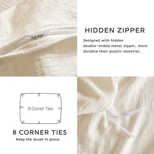 SE SOFTEXLY Muslin Duvet Cover Queen Size, 100% Washed Cotton Duvet Cover Set, Ultra Soft Comforter Cover Linen Like, 3 Pieces Minimalist Gauze Duvet Cover with 2 Pillowcases, 90"x90", Off-White