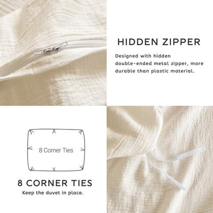 SE SOFTEXLY Muslin Duvet Cover Queen Size, 100% Washed Cotton Duvet Cover Set, Ultra Soft Comforter Cover Linen Like, 3 Pieces Minimalist Gauze Duvet Cover with 2 Pillowcases, 90"x90", Off-White