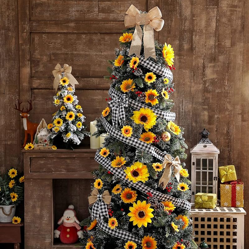Sunflower Christmas Tree Decoration Kit - 62 Pcs with Ribbons, 4 Sizes