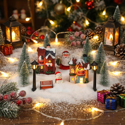 Soulchen Christmas Village Set - 14 Pcs Lighted Tabletop Decor with Mint Scented Candle | Festive Figurines for Holiday Celebrations