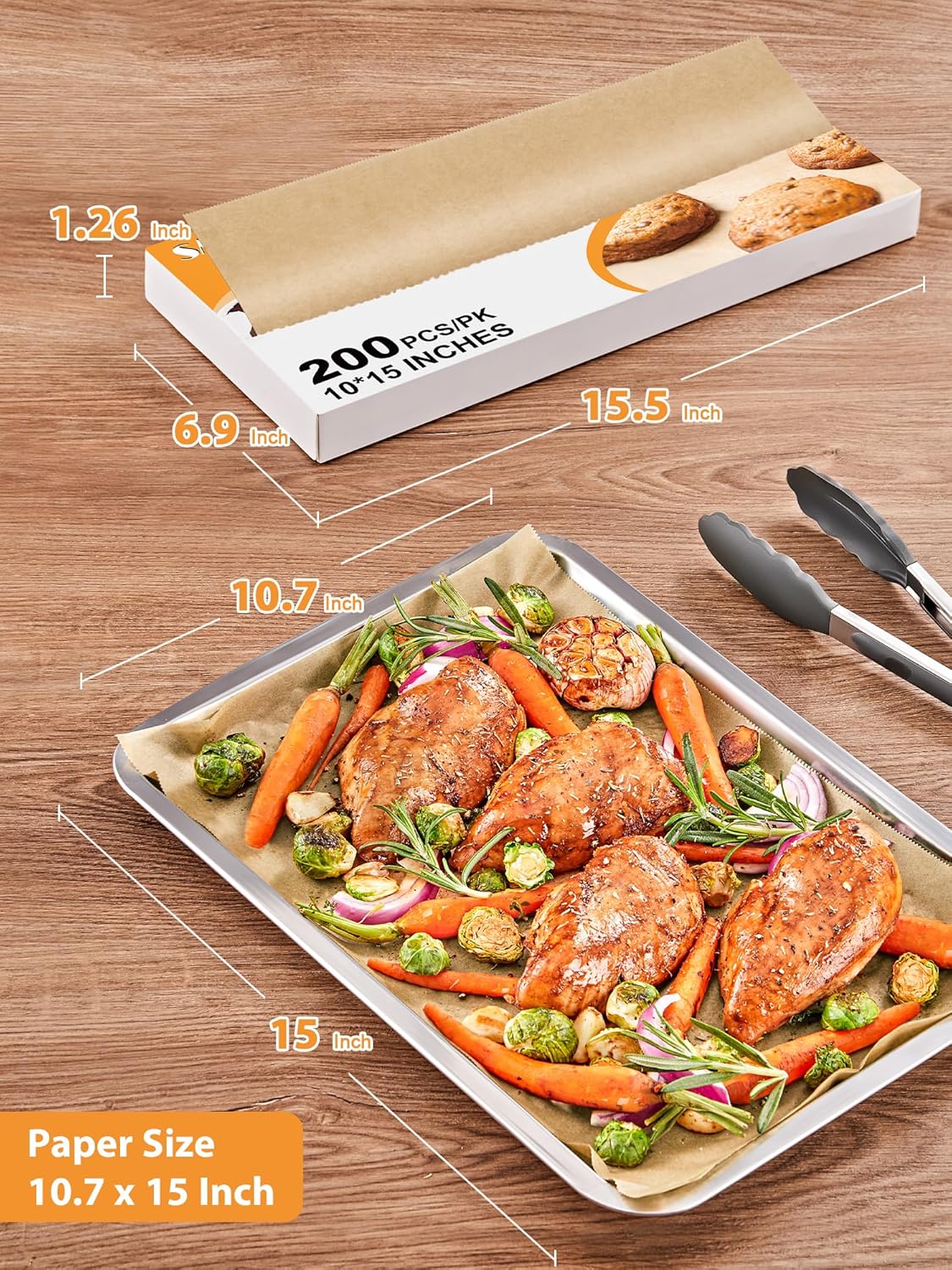 SMARTAKE Pop-Up Parchment Paper Sheets - 200 Pcs Non-Stick Baking Paper, 10.7x15 Inch, Unbleached